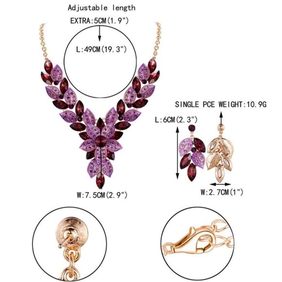 Yellow Gold with Amethyst Crystal Cluster Flower Leaf Necklace and Earrings Set - Picture 6 of 6